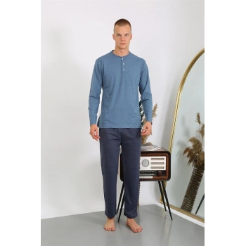 Erkek Penye Uzun Kol Pijama Takımı İndigo