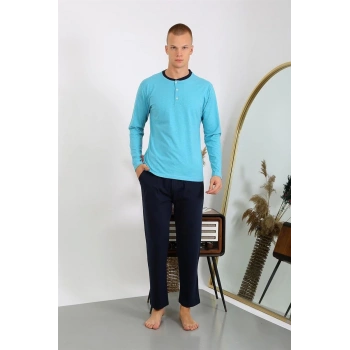 Erkek Penye Uzun Kol Pijama Takımı Turkuaz
