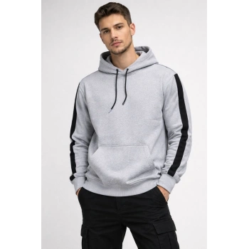 Erkek Şeritli Kapüşonlu Oversize Sweatshirt 3 iplik Pamuklu hoodie - Beyaz