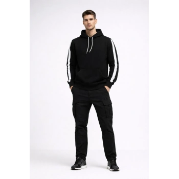 Erkek Şeritli Kapüşonlu Sweatshirt Oversize 3 iplik Pamuklu Hoodie - Siyah