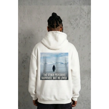 Erkek Survivor Penguin Baskılı 3 İplik Pamuklu Kapüşonlu Sweatshirt Hoodie Beyaz