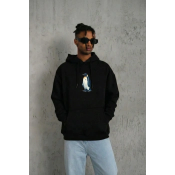 Erkek Survivor Penguin Baskılı 3 İplik Pamuklu Kapüşonlu Sweatshirt Hoodie Siyah