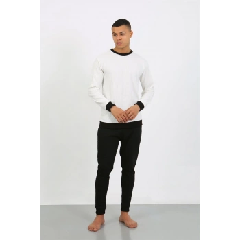 Erkek Uzun Kol Manşetli Paça Penye Pijama Takımı Beyaz