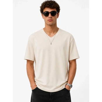 Erkek V Yaka Basic Tişört Kısa Kol Yazlık Regular Fit T-Shirt - Bej