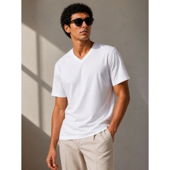 Erkek V Yaka Basic Tişört Kısa Kol Yazlık Regular Fit T-Shirt - Beyaz