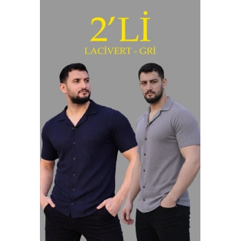 Erkek Waffle Kumaş Açık Yakalı Düğmeli Regular Fit Gömlek 2’li Set Lacivert-Gri