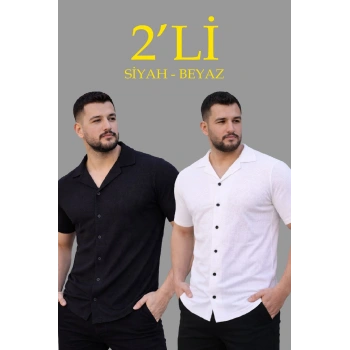 Erkek Waffle Kumaş Açık Yakalı Düğmeli Regular Fit Gömlek 2’li Set Siyah-Beyaz