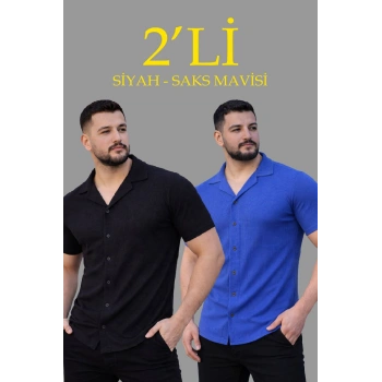 Erkek Waffle Kumaş Açık Yakalı Düğmeli Regular Fit Gömlek 2’li Set Siyah-Saks Mavisi