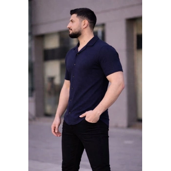 Erkek Waffle Kumaş Kısa Kollu Düğmeli Açık Yaka Regular Fit Gömlek - Lacivert