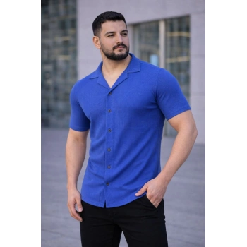 Erkek Waffle Kumaş Kısa Kollu Düğmeli Açık Yaka Regular Fit Gömlek - Saks Mavisi