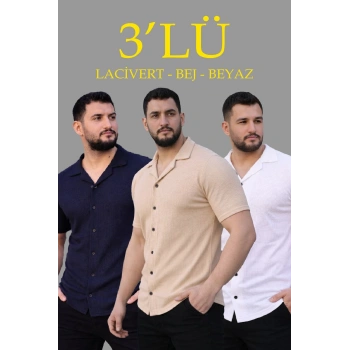 Erkek Waffle Kumaş Yakalı Kısa Kol Düğmeli Gömlek 3’lü Set Bej-Beyaz-Lacivert
