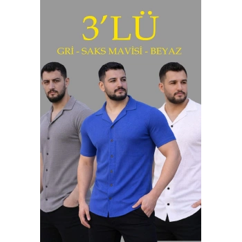 Erkek Waffle Kumaş Yakalı Kısa Kol Düğmeli Gömlek 3’lü Set Gri-Saks Mavisi-Beyaz