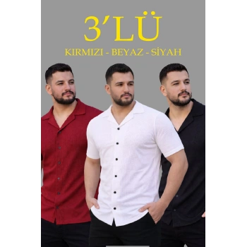 Erkek Waffle Kumaş Yakalı Kısa Kol Düğmeli Gömlek 3’lü Set Siyah-Kırmızı-Beyaz