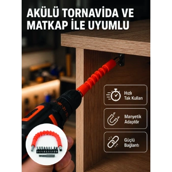 Esnek Bits Uç Seti 12 Parça Manyetik Adaptörlü Matkap Tornavida Aksesuarı