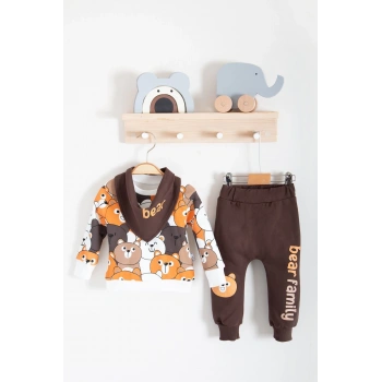 Family Bears Desenli 3lü Fularlı Erkek Bebek Takımı
