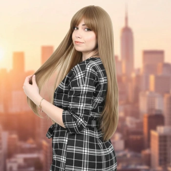 Fiber Sentetik Uzun Düz Kahküllü Peruk - Bebek Kumralı