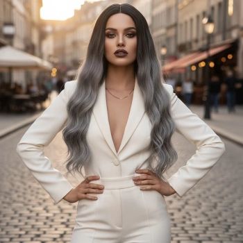 Fiber Sentetik Uzun Su Dalgası Peruk - Siyah Gri Ombreli