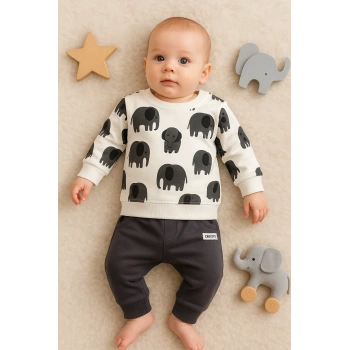 Fil Desenli 2li % 100 Pamuk Erkek Bebek Takımı