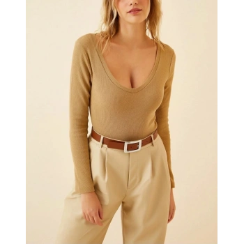 Fitilli Likralı Body Crop - Camel