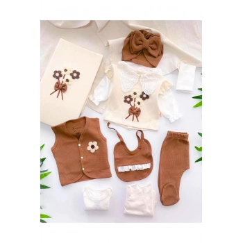 Fiyonk ve Çiçek Detaylı %100 Pamuk 10 Parça Bebek Hastane Çıkış