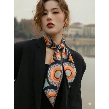 Fular Renkli Saten Geometrik Desenli Fular Zarif ve Canlı Tasarım – Günlük & Ofis, Hediye Edilebilir