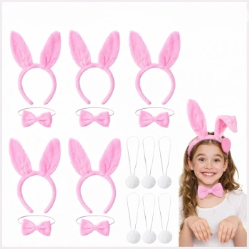 Full Pembe Renk Tavşan Sahne Seti 6lı Set Taç Papyon Kuyruk