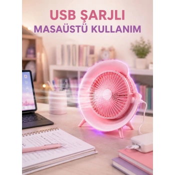 Gece Lambası Özellikli Şarjlı Mini Masaüstü Fan