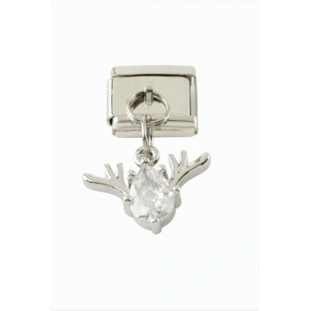 Geyik Zirkon Taşlı Sallatılı Çelik Charm