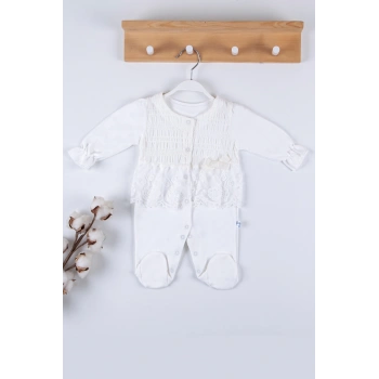 Gofralı Fransız Güpürlü % 100 Pamuk Kız Bebek Tulumu