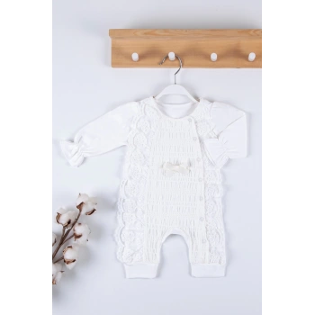 Gofralı Fransız Güpürlü % 100 Pamuk Kız Bebek Tulumu
