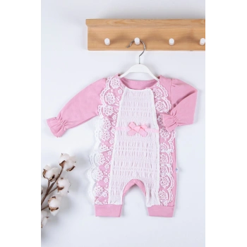 Gofralı Fransız Güpürlü % 100 Pamuk Kız Bebek Tulumu
