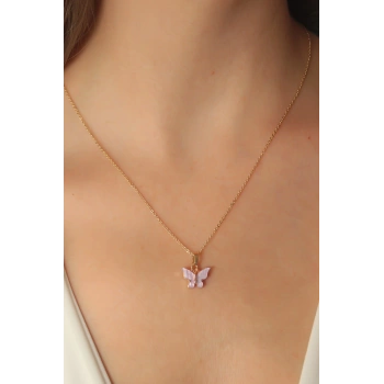 Gold Lila Renk Kelebek Figür Kadın Kolye - TJ-BKO6814