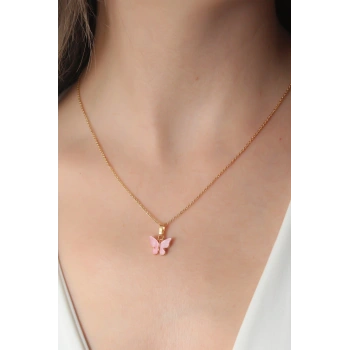 Gold Pembe Renk Kelebek Figür Kadın Kolye - TJ-BKO6817