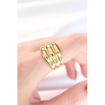 Gold Renk Ayarlanabilir Çizgili Bombe Yüzük - TJ-BYK3119