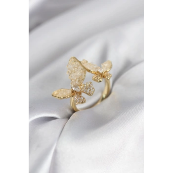 Gold Renk Beyaz Kelebek Model Zirkon Taşlı Kadın Yüzük - TJ-BYK3944