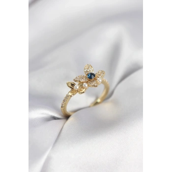 Gold Renk Çiçek Model Zirkon Taşlı Kadın Yüzük - TJ-BYK3983