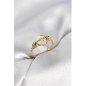 Gold Renk Daire Form Sedef ve Zirkon Taşlı Kadın Yüzük - TJ-BYK4003