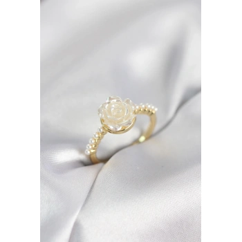Gold Renk Gül Model İncili Kadın Yüzük - TJ-BYK4094
