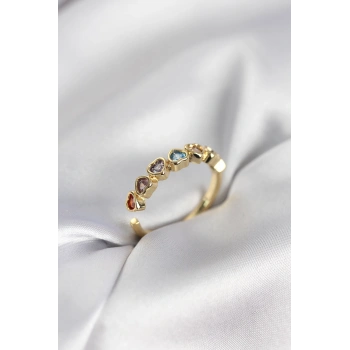Gold Renk Kalp Model Renkli Zirkon Taşlı Kadın Yüzük - TJ-BYK3963