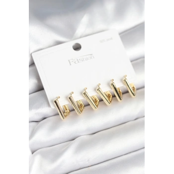 Gold Renk Kare Model Pirinç 925 Ayar Gümüş Çivili Kadın Küpe Seti - TJ-BKP11274