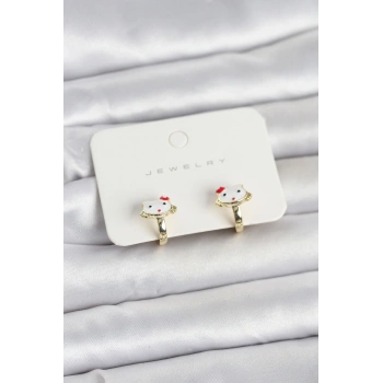 Gold Renk Kedi Model Mineli Çocuk Küpe - TJ-BKP11719