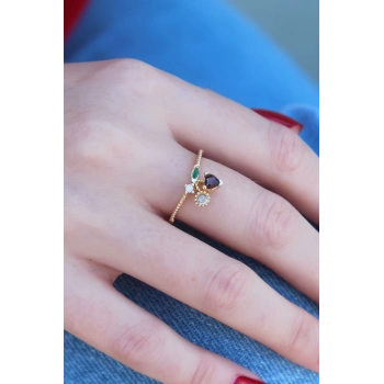 Gold Renk Kiraz Model Zirkon Taşlı Kadın Yüzük - TJ-BYK2603