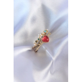 Gold Renk Kırmızı Zirkon Taş Kalp Model Pirinç Kadın Yüzük - TJ-BYK2631