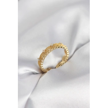 Gold Renk Motif Desenli Zirkon Taşlı Kadın Yüzük - TJ-BYK4145