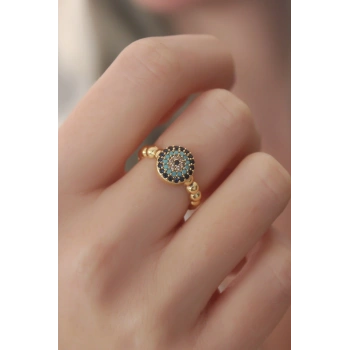 Gold Renk Nazar Boncuk Figür Zirkon Taş Detay Kadın Yüzük - TJ-BYK2413
