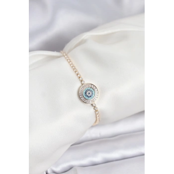 Gold Renk Nazar Model Zirkon Taşlı Asansörlü Su Yolu Bileklik - TJ-BB8238