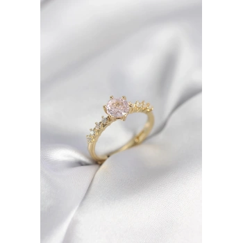 Gold Renk Pembe Tek Taş Model Zirkon Taşlı Kadın Yüzük - TJ-BYK3991