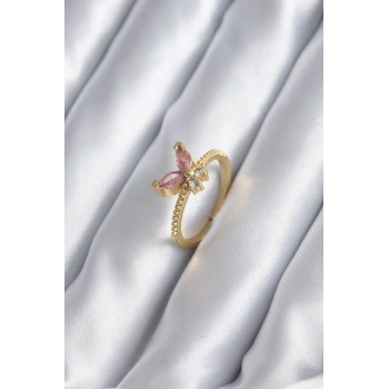 Gold Renk Pembe Zirkon Taşlı Kelebek Model Kadın Yüzük - TJ-BYK2842