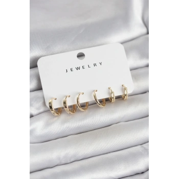 Gold Renk Pirinç 3 Çift Kadın Küpe Seti - TJ-BKP11644