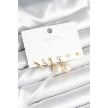 Gold Renk Pirinç 925 Ayar Gümüş Çivili Kadın Küpe Seti - TJ-BKP11269